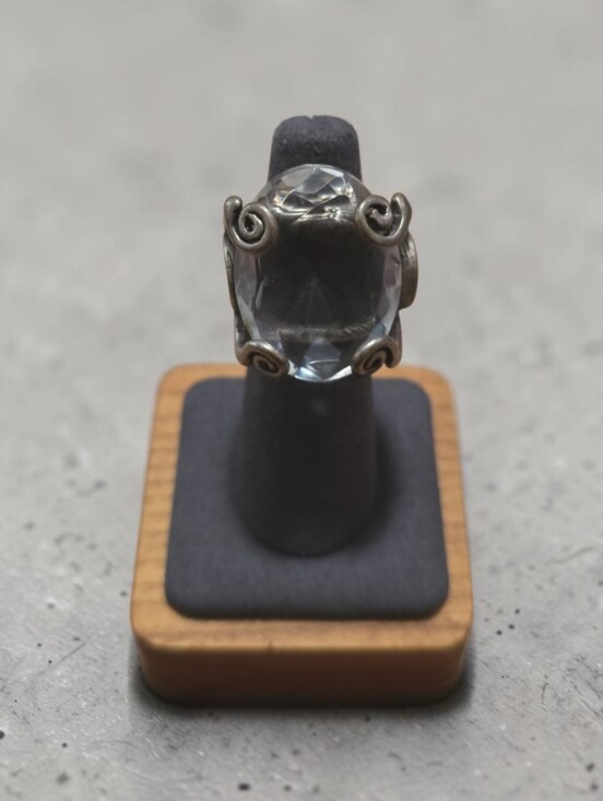 Vintage Jewelry - VINTAGE BRASS Clear Crystal Statement Ring with Silver Scroll Prongs
